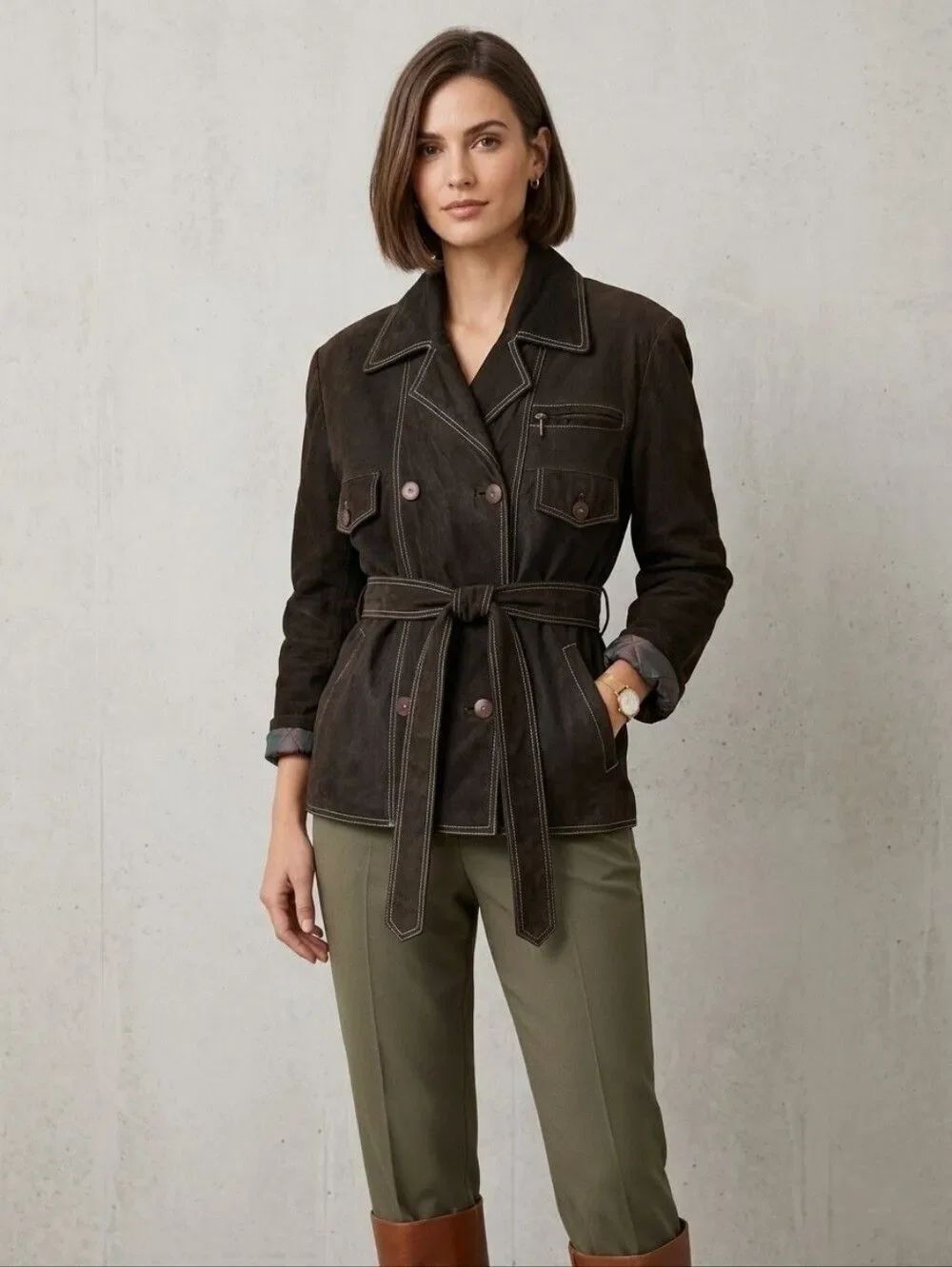 Vintage Genuine Suede Leather Belted Safari Jacket Brown US L 42 Quilted Lining